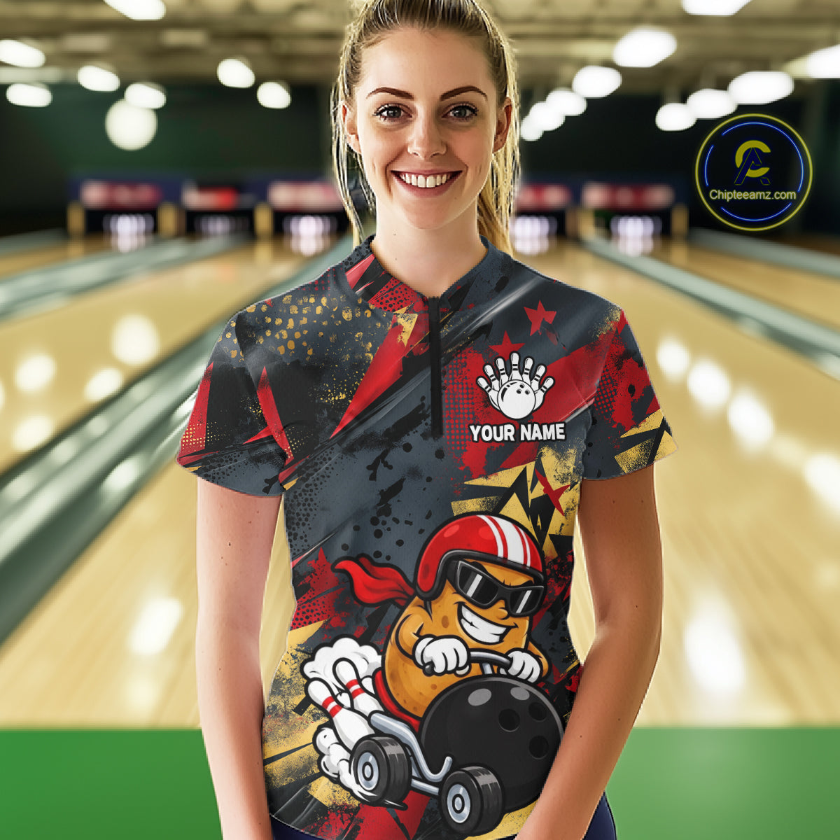 Funny Bowling Shirt For Women Custom Racing Potato Bowler Polo Quarter-Zip Jersey Bowling Team Jersey NYN4402