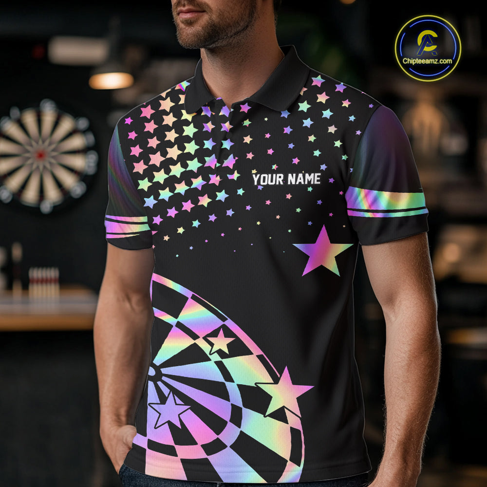 Personalized Rainbow Holographic Stars Darts Shirt For Men Custom Dart Tournament Jerseys NYN4771