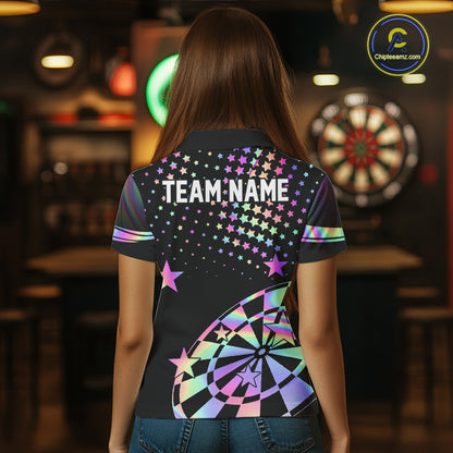 Personalized Rainbow Holographic Stars Darts Shirt For Women Custom Dart Tournament Jerseys NYN4771
