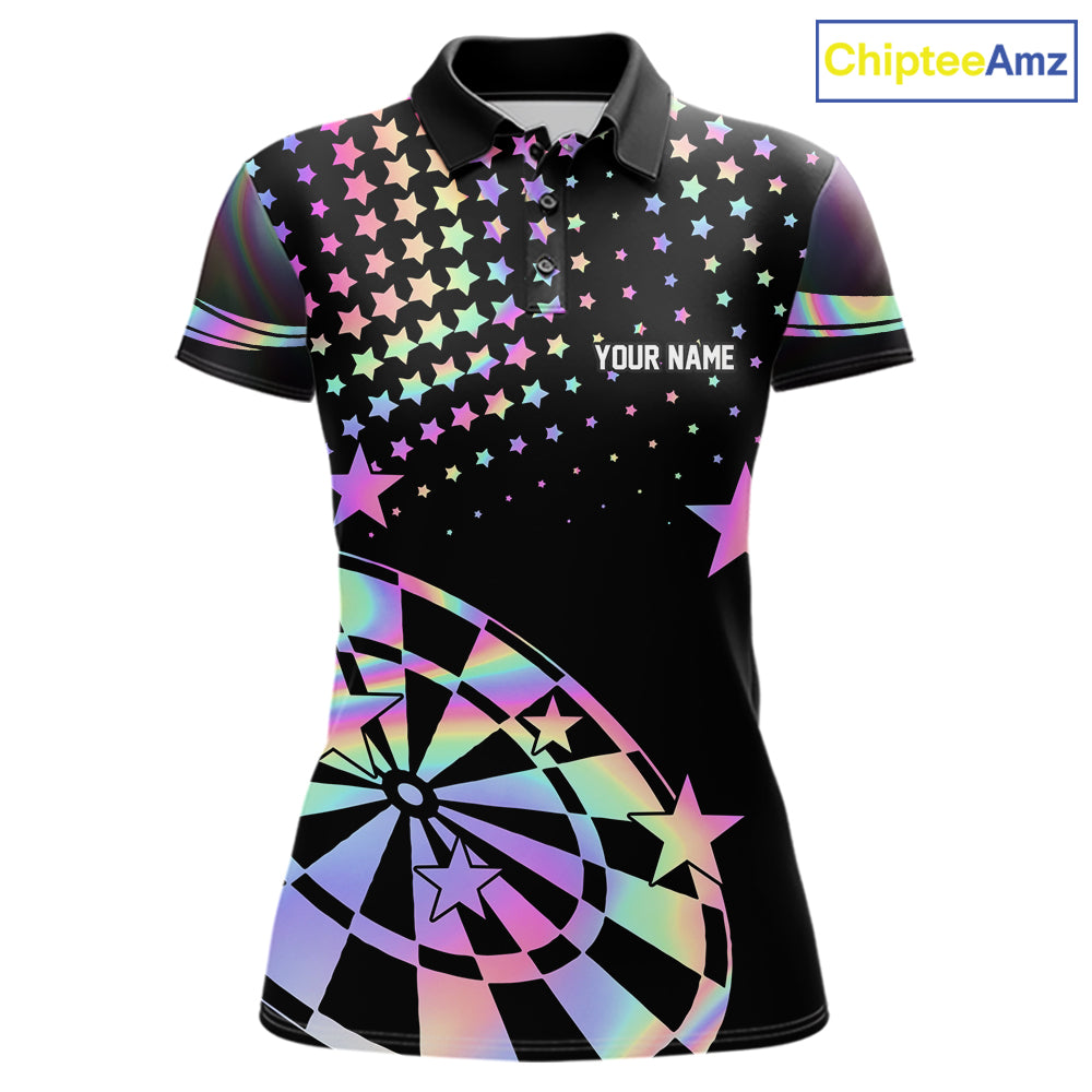 Personalized Rainbow Holographic Stars Darts Shirt For Women Custom Dart Tournament Jerseys NYN4771