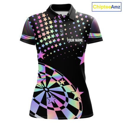 Personalized Rainbow Holographic Stars Darts Shirt For Women Custom Dart Tournament Jerseys NYN4771