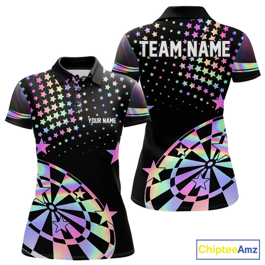 Personalized Rainbow Holographic Stars Darts Shirt For Women Custom Dart Tournament Jerseys NYN4771