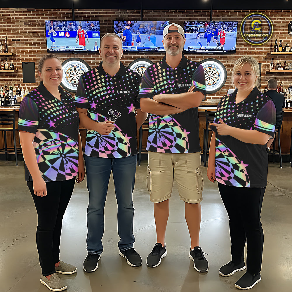 Personalized Rainbow Holographic Stars Darts Shirt For Men Custom Dart Tournament Jerseys NYN4771