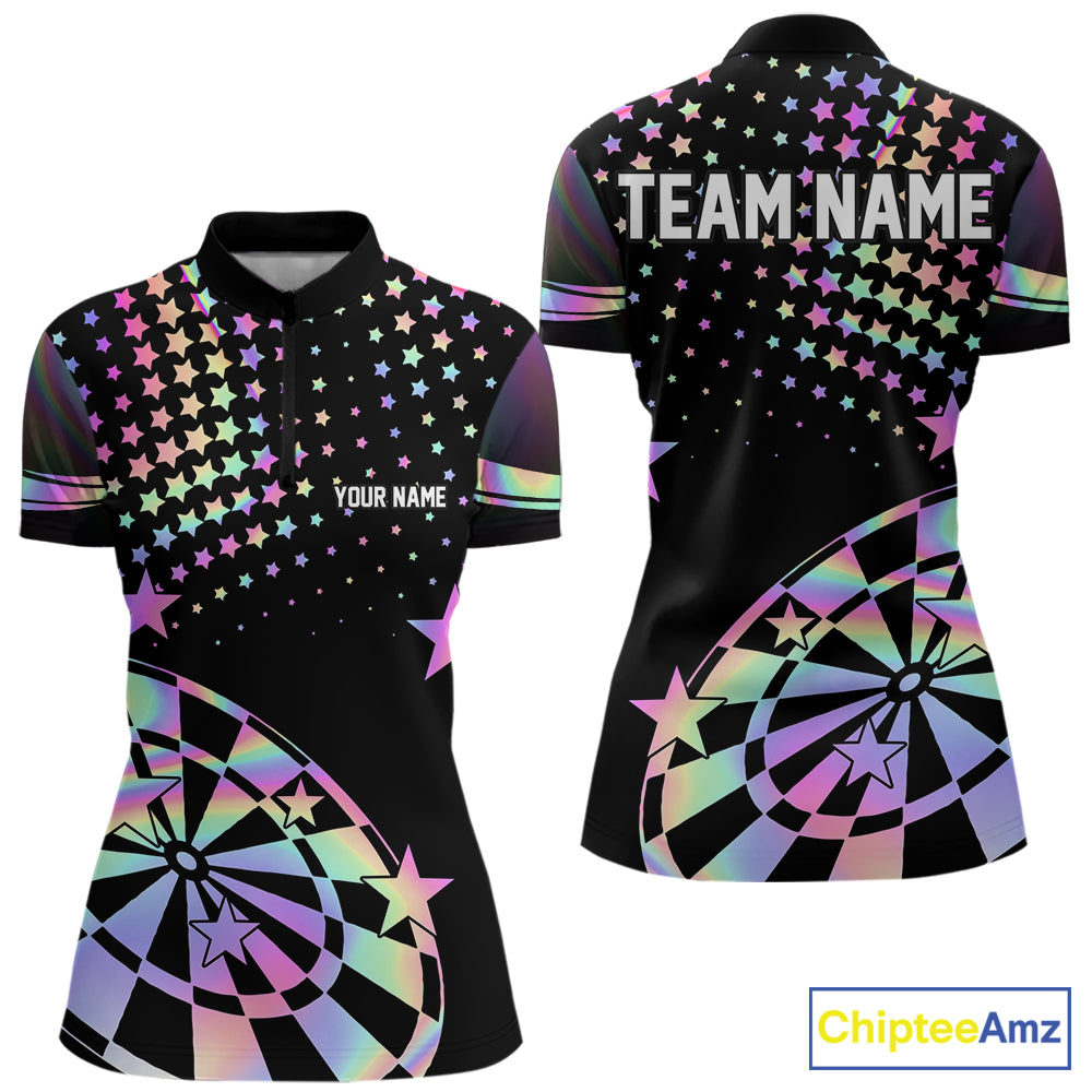 Personalized Rainbow Holographic Stars Darts Shirt For Women Custom Dart Tournament Jerseys NYN4771