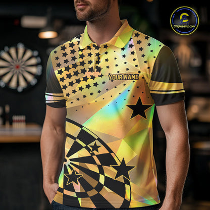 Personalized Gold Holographic Stars Darts Shirt For Men Custom Dart Tournament Jerseys NYN4772