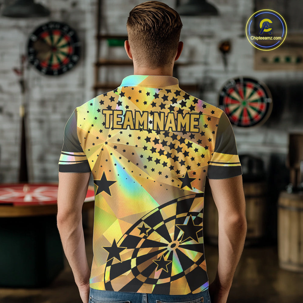 Personalized Gold Holographic Stars Darts Shirt For Men Custom Dart Tournament Jerseys NYN4772