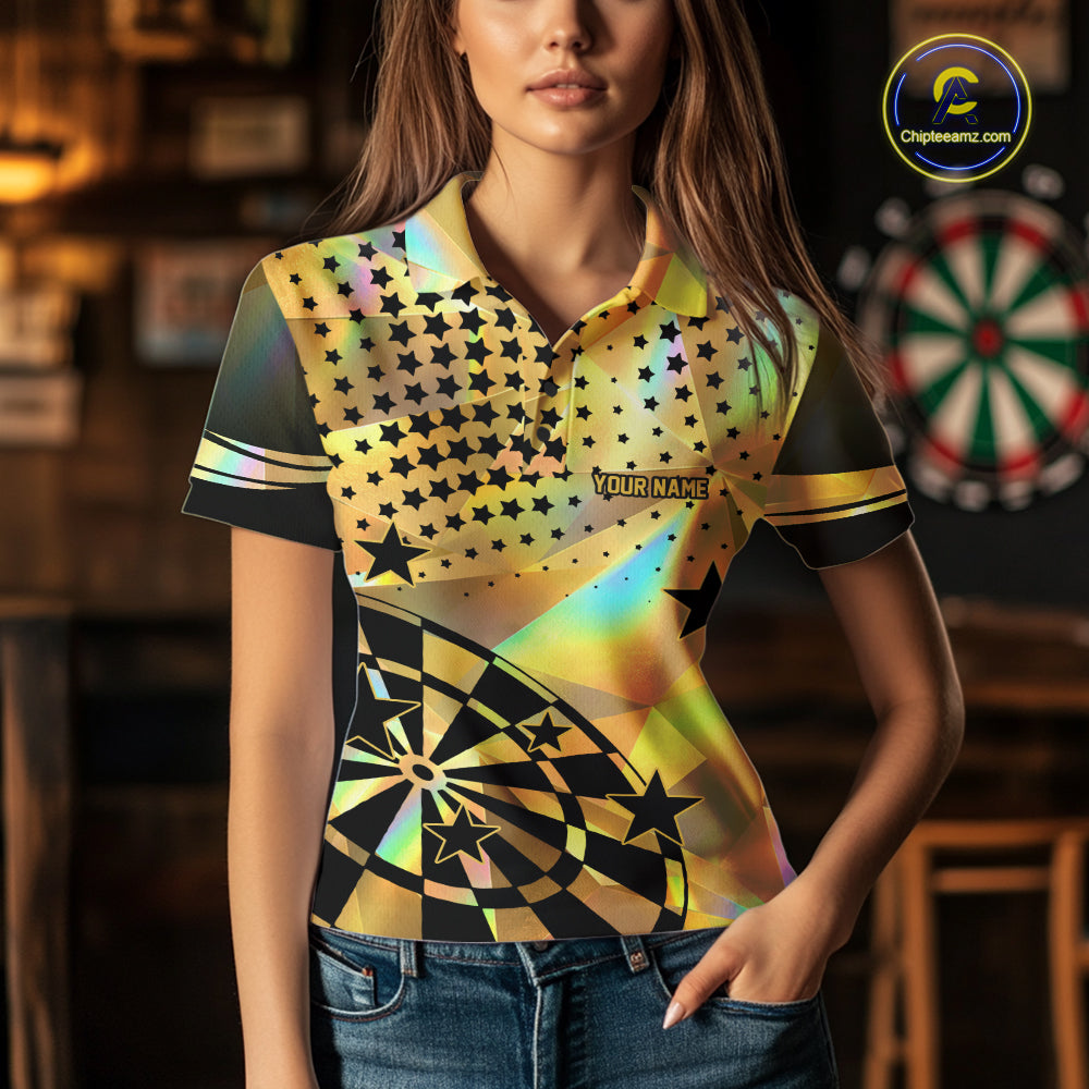 Personalized Gold Holographic Stars Darts Shirt For Women Custom Dart Tournament Jerseys NYN4772