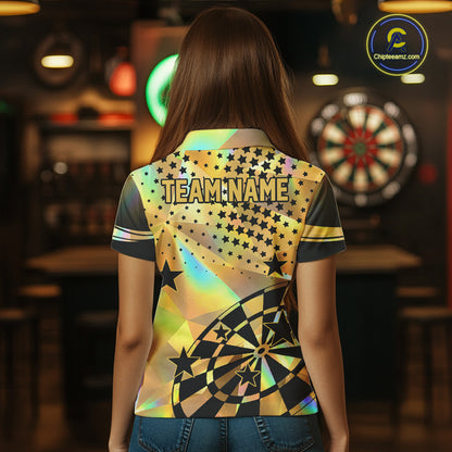 Personalized Gold Holographic Stars Darts Shirt For Women Custom Dart Tournament Jerseys NYN4772