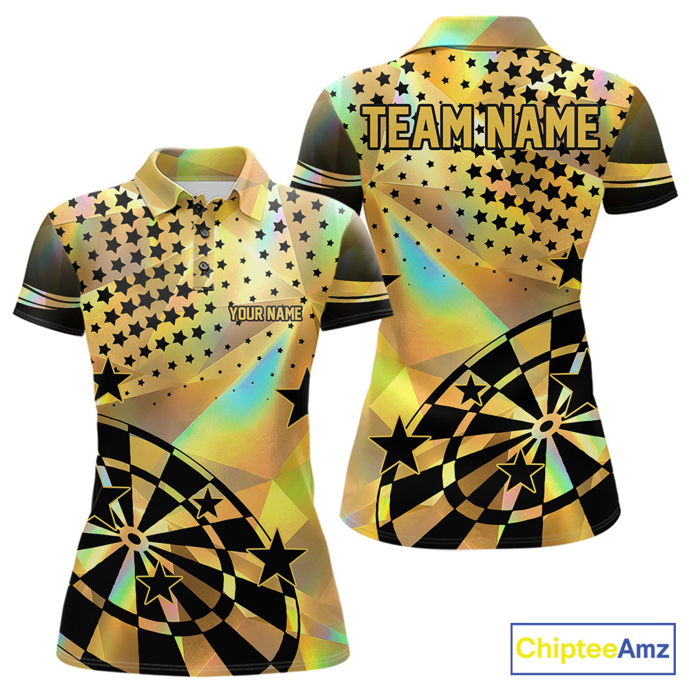 Personalized Gold Holographic Stars Darts Shirt For Women Custom Dart Tournament Jerseys NYN4772