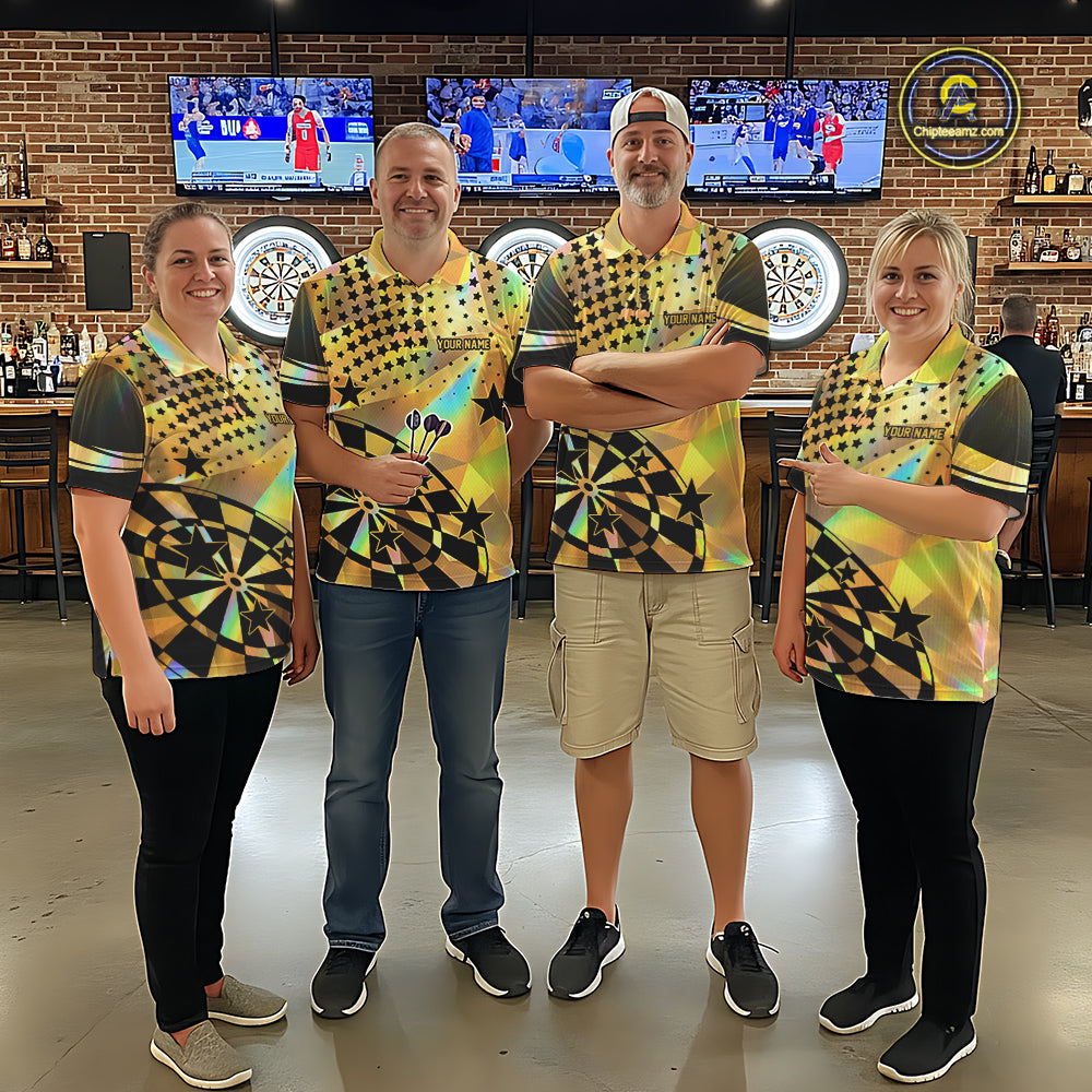 Personalized Gold Holographic Stars Darts Shirt For Men Custom Dart Tournament Jerseys NYN4772