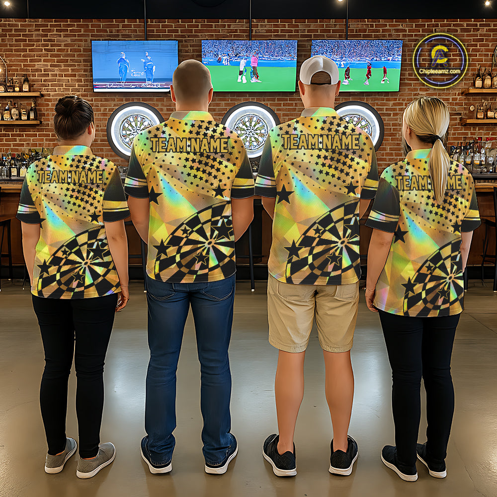 Personalized Gold Holographic Stars Darts Shirt For Men Custom Dart Tournament Jerseys NYN4772