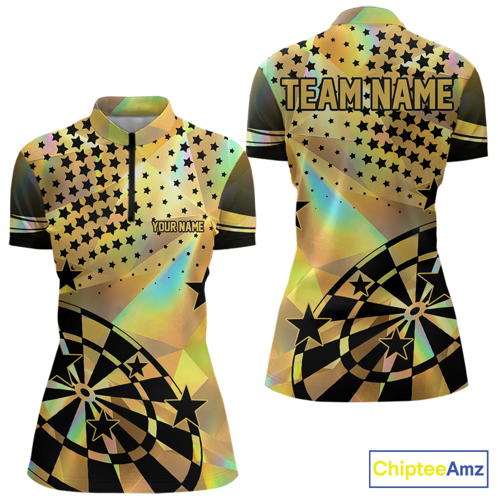 Personalized Gold Holographic Stars Darts Shirt For Women Custom Dart Tournament Jerseys NYN4772