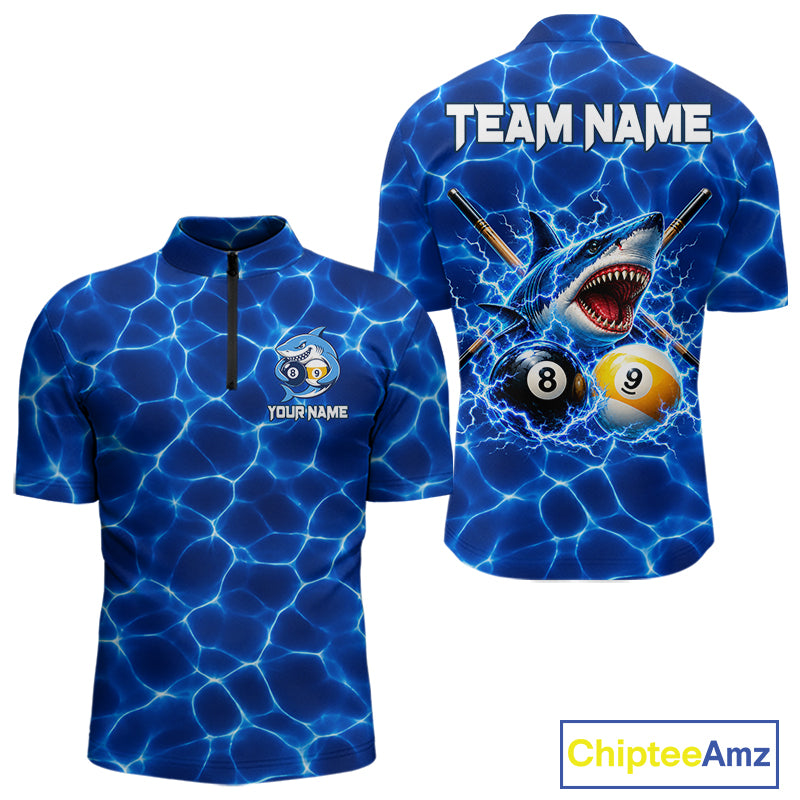 Funny Shark Billiard Polo 1/4-Zip Shirt For Men Custom 8 Ball 9 Ball Thunder Billiard Tournament Jersey NYN4773