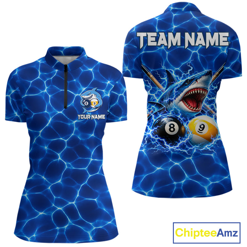 Funny Shark Billiard Polo 1/4-Zip Shirt For Women Custom 8 Ball 9 Ball Thunder Billiard Tournament Jersey NYN4773