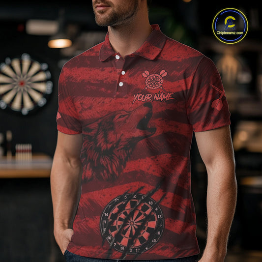 Custom Red Grunge Wolf Torn Dartboard Men Darts Polo Shirt Wolf Dart League Jerseys NYN2166