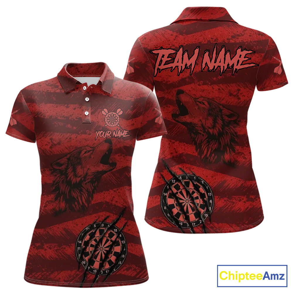 Custom Red Grunge Wolf Torn Dartboard Women Darts Polo Shirt Wolf Dart League Jerseys NYN2166