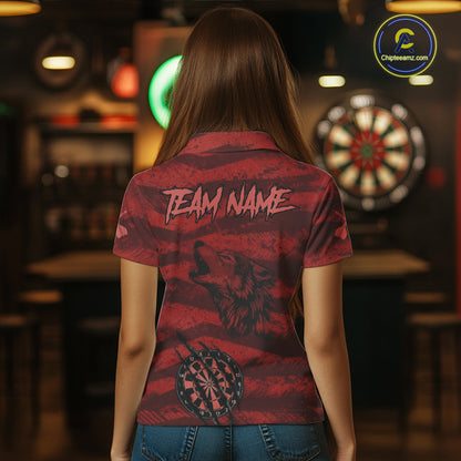 Custom Red Grunge Wolf Torn Dartboard Women Darts Polo Shirt Wolf Dart League Jerseys NYN2166