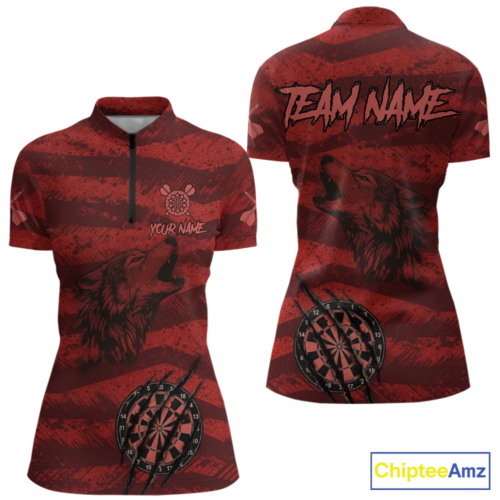 Custom Red Grunge Wolf Torn Dartboard Women Darts Quarter-Zip Shirt Wolf Dart League Jerseys NYN2166