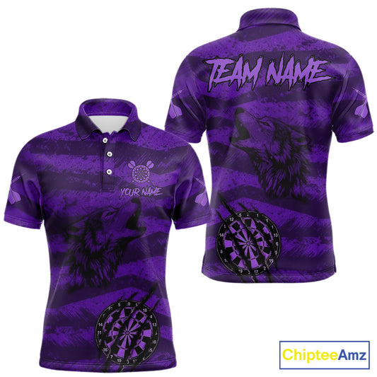 Custom Purple Grunge Wolf Torn Dartboard Men Darts Polo Shirt Wolf Dart League Jerseys NYN2167