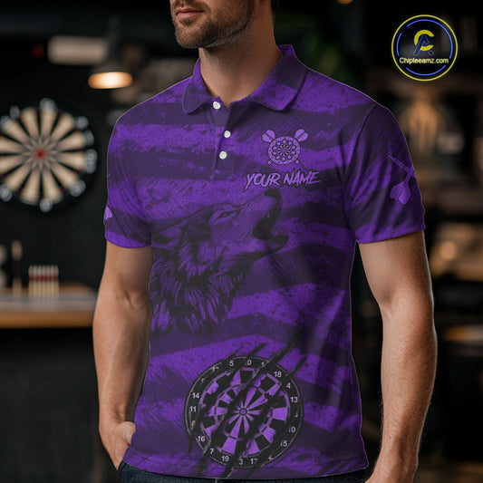 Custom Purple Grunge Wolf Torn Dartboard Men Darts Polo Shirt Wolf Dart League Jerseys NYN2167