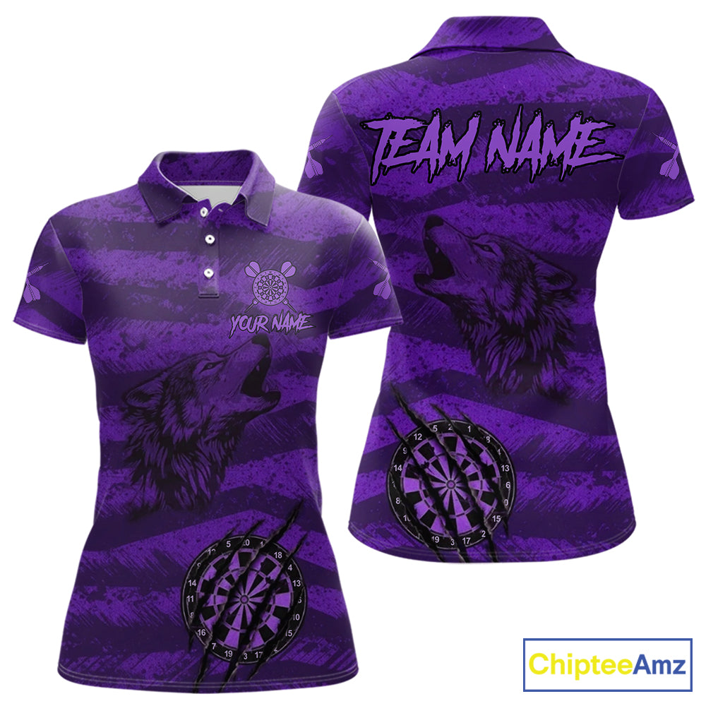 Custom Purple Grunge Wolf Torn Dartboard Women Darts Polo Shirt Wolf Dart League Jerseys NYN2167
