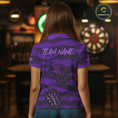 Custom Purple Grunge Wolf Torn Dartboard Women Darts Polo Shirt Wolf Dart League Jerseys NYN2167