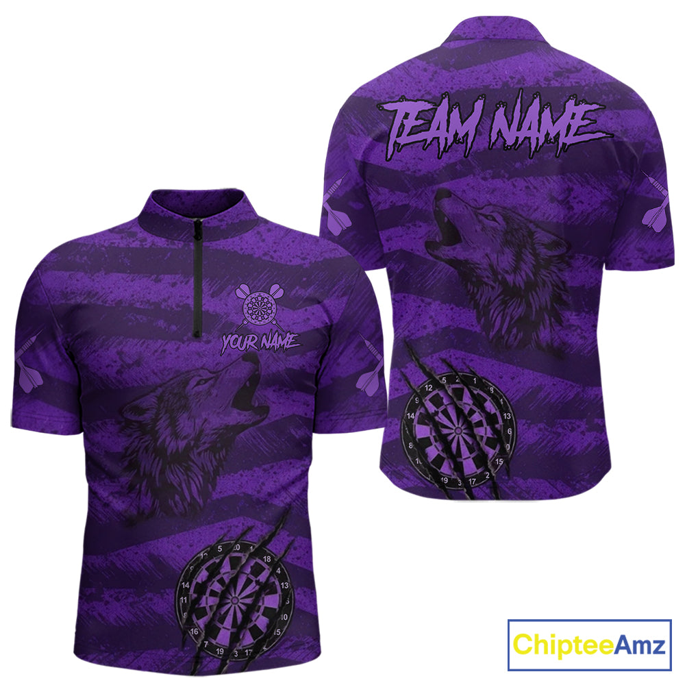 Custom Purple Grunge Wolf Torn Dartboard Men Darts Quarter-Zip Shirt Wolf Dart League Jerseys NYN2167