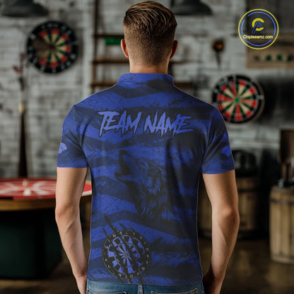Custom Blue Grunge Wolf Torn Dartboard Men Darts Polo Shirt Wolf Dart League Jerseys NYN2168