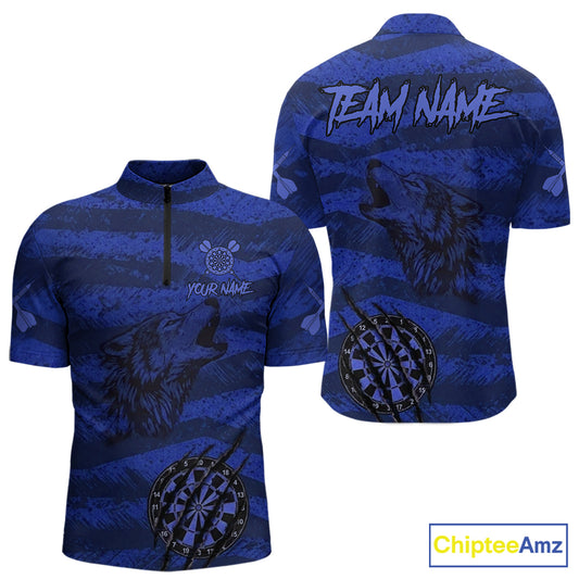 Custom Blue Grunge Wolf Torn Dartboard Men Darts Quarter-Zip Shirt Wolf Dart League Jerseys NYN2168