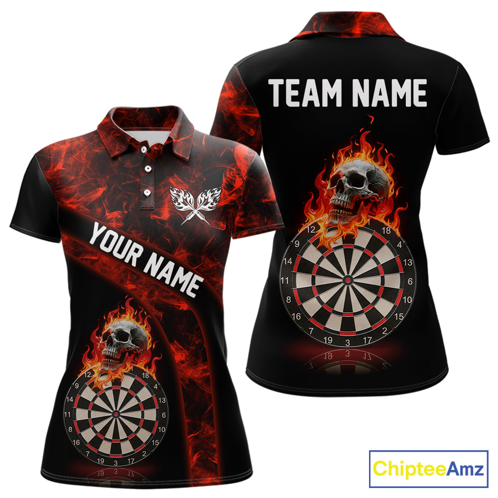 Custom Black & Red Flaming Skull Darts Polo Shirt For Women Skull Dart League Jerseys NYN2169