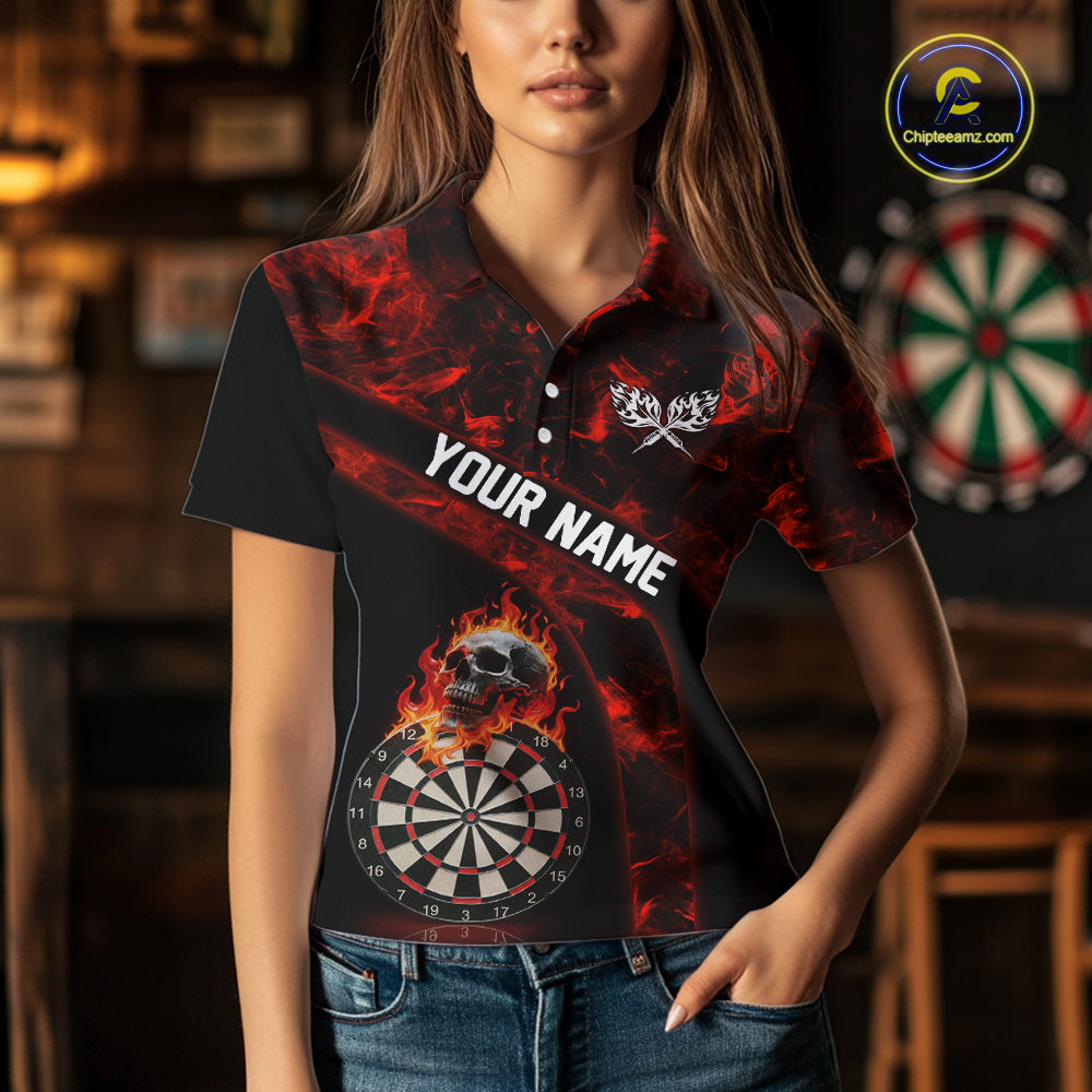 Custom Black & Red Flaming Skull Darts Polo Shirt For Women Skull Dart League Jerseys NYN2169