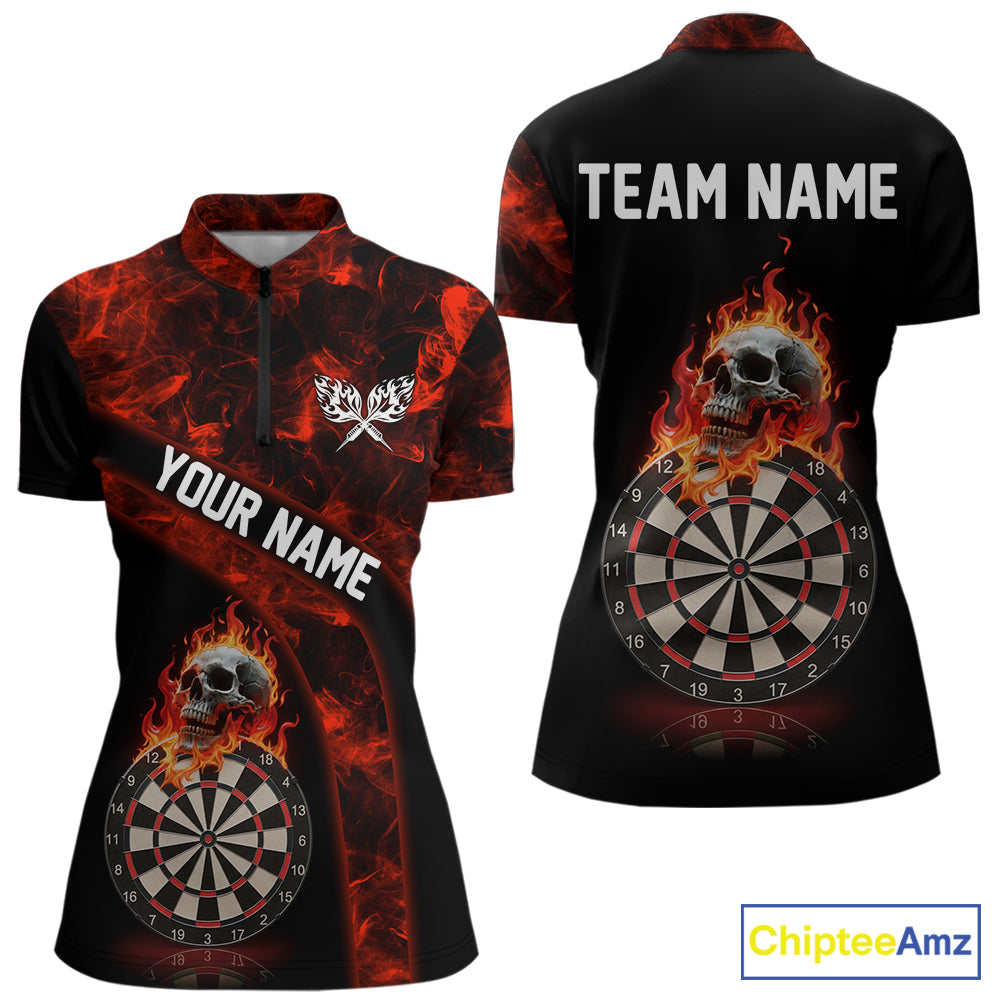Custom Black & Red Flaming Skull Darts Quarter-Zip Shirt For Women Skull Dart League Jerseys NYN2169
