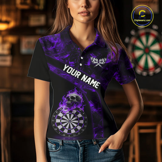 Custom Black & Purple Flaming Skull Darts Polo Shirt For Women Skull Dart League Jerseys NYN2170