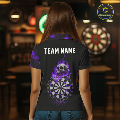 Custom Black & Purple Flaming Skull Darts Polo Shirt For Women Skull Dart League Jerseys NYN2170