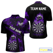 Load image into Gallery viewer, Custom Black &amp; Purple Flaming Skull Darts Quarter-Zip Shirt For Men Skull Dart League Jerseys NYN2170