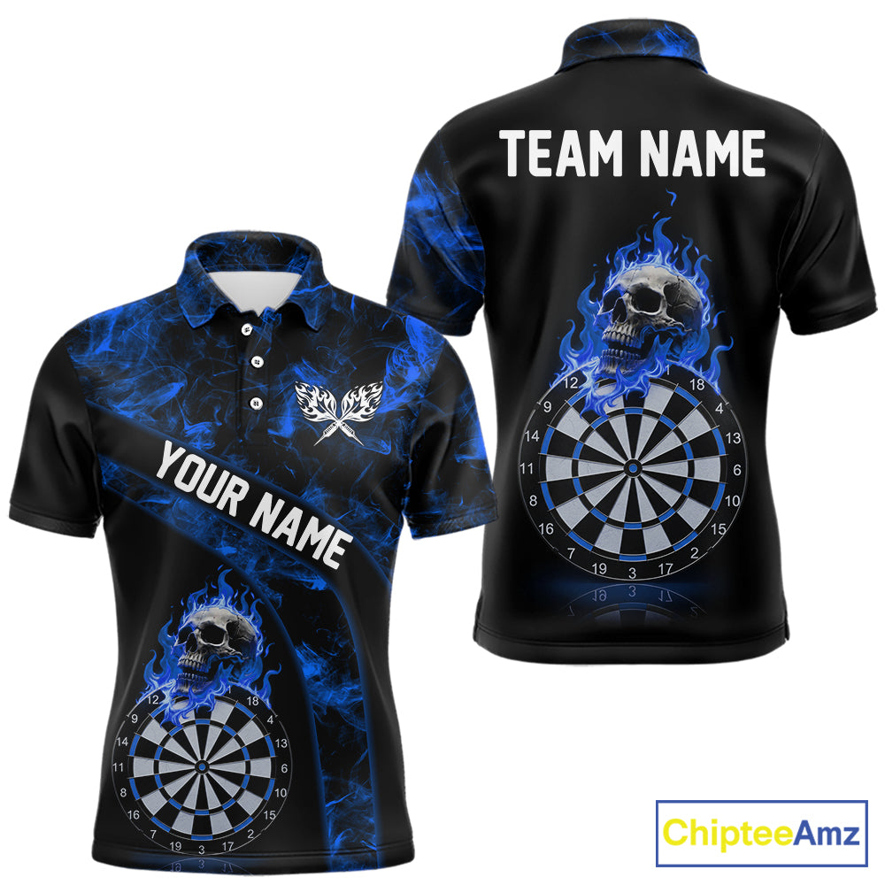 Custom Black & Blue Flaming Skull Darts Polo Shirt For Men Skull Dart League Jerseys NYN2171