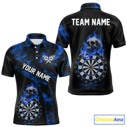 Custom Black & Blue Flaming Skull Darts Polo Shirt For Men Skull Dart League Jerseys NYN2171