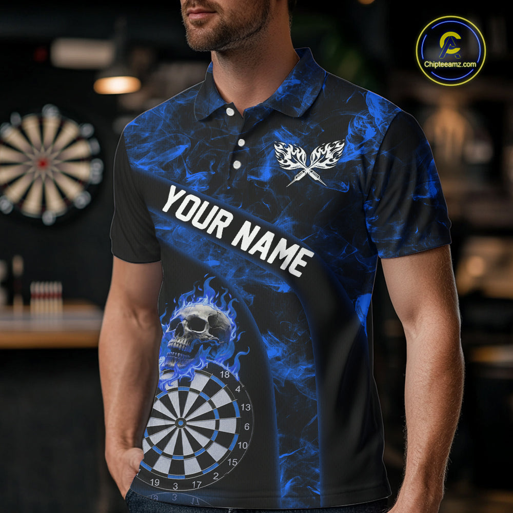 Custom Black & Blue Flaming Skull Darts Polo Shirt For Men Skull Dart League Jerseys NYN2171