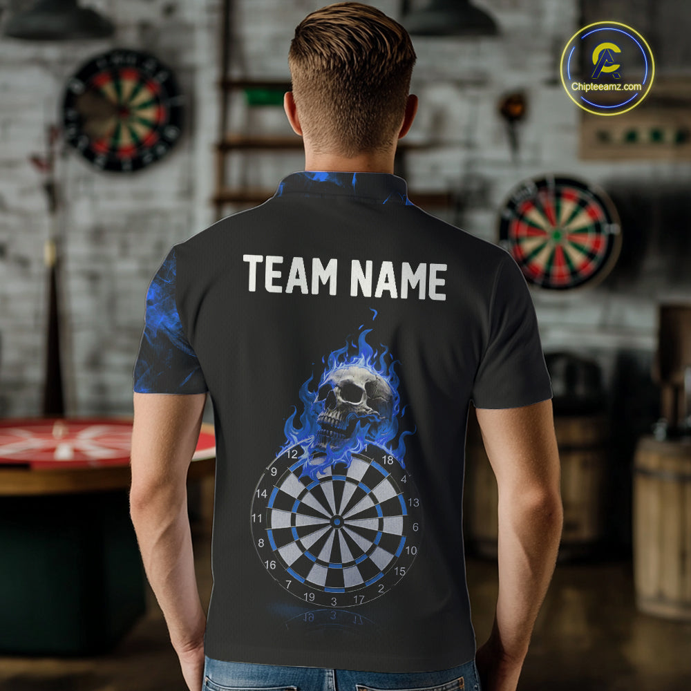 Custom Black & Blue Flaming Skull Darts Polo Shirt For Men Skull Dart League Jerseys NYN2171