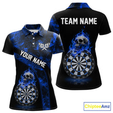 Load image into Gallery viewer, Custom Black &amp; Blue Flaming Skull Darts Polo Shirt For Women Skull Dart League Jerseys NYN2171