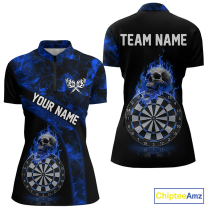 Custom Black & Blue Flaming Skull Darts Quarter-Zip Shirt For Women Skull Dart League Jerseys NYN2171