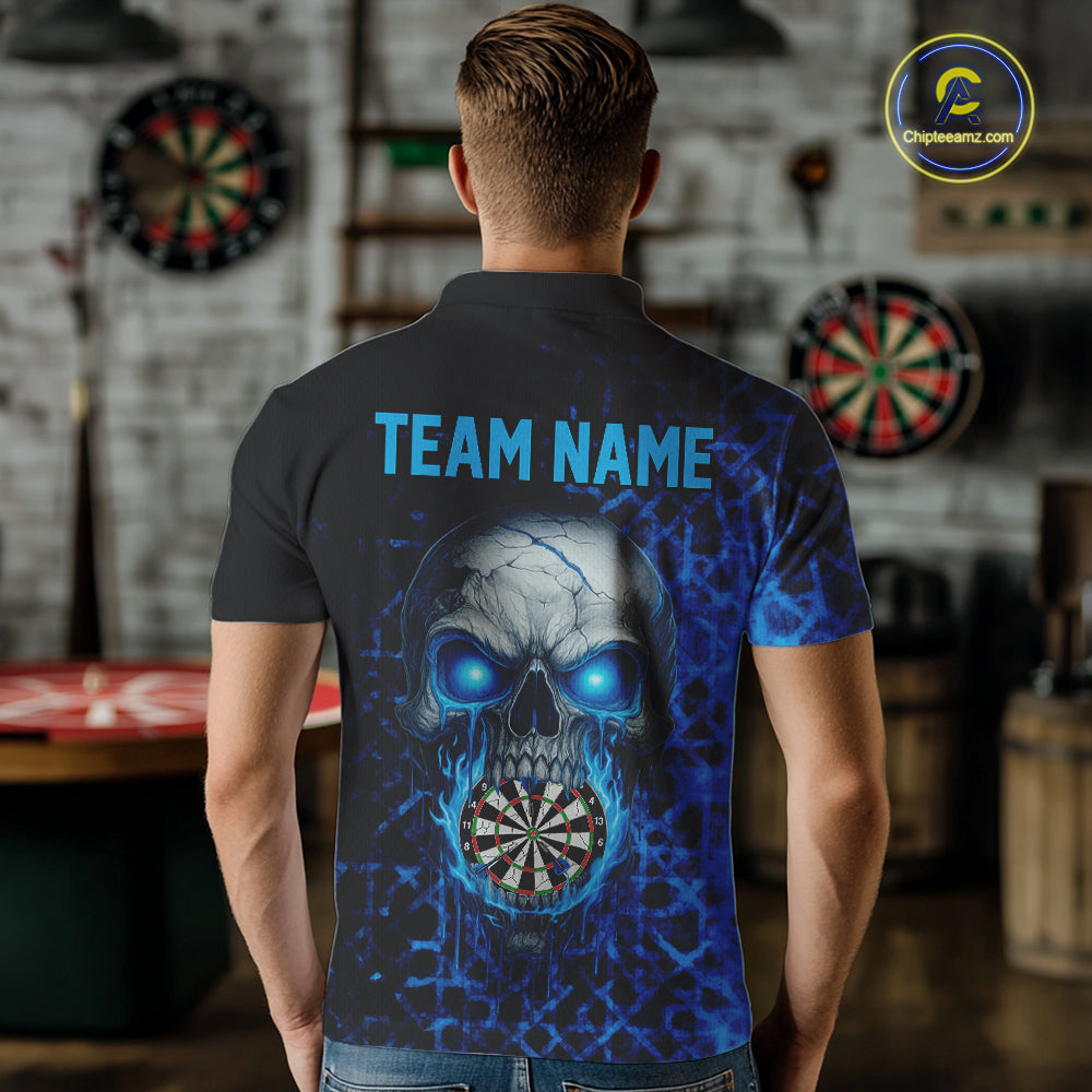 Custom Blue Dripping Skull Darts Polo Shirt For Men Fire Flame Skull Dart League Jerseys NYN2173