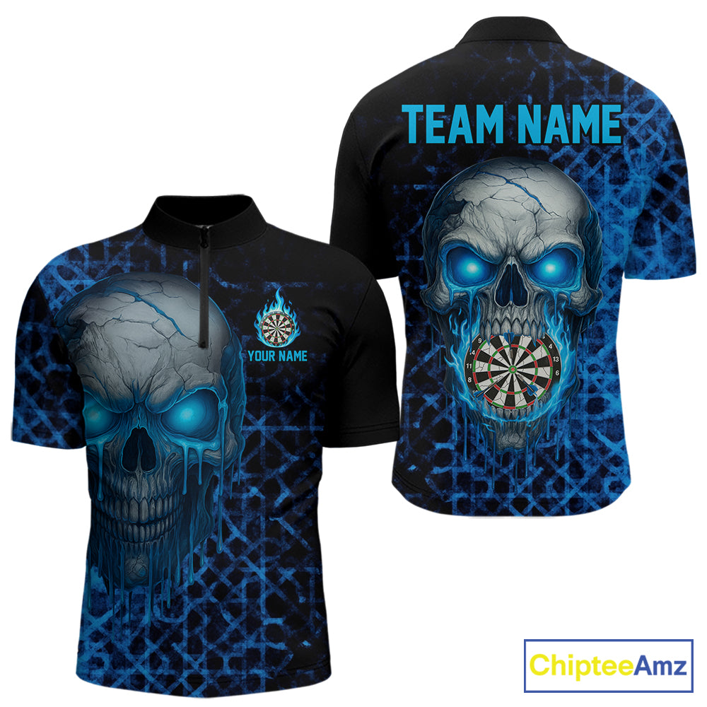 Custom Blue Dripping Skull Darts Quarter-Zip Shirt For Men Fire Flame Skull Dart League Jerseys NYN2173