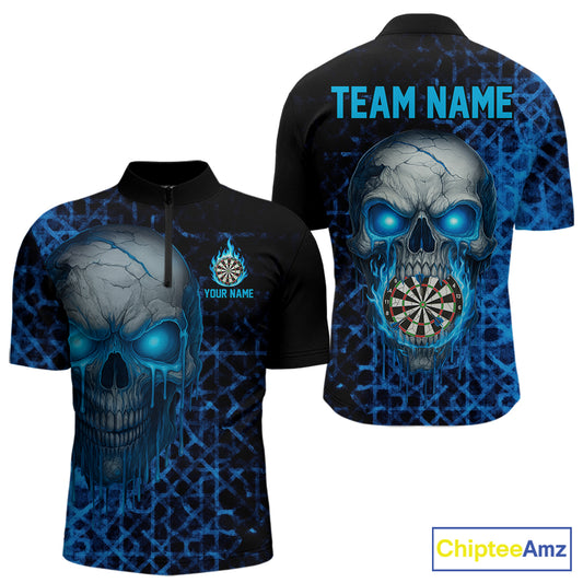 Custom Blue Dripping Skull Darts Quarter-Zip Shirt For Men Fire Flame Skull Dart League Jerseys NYN2173