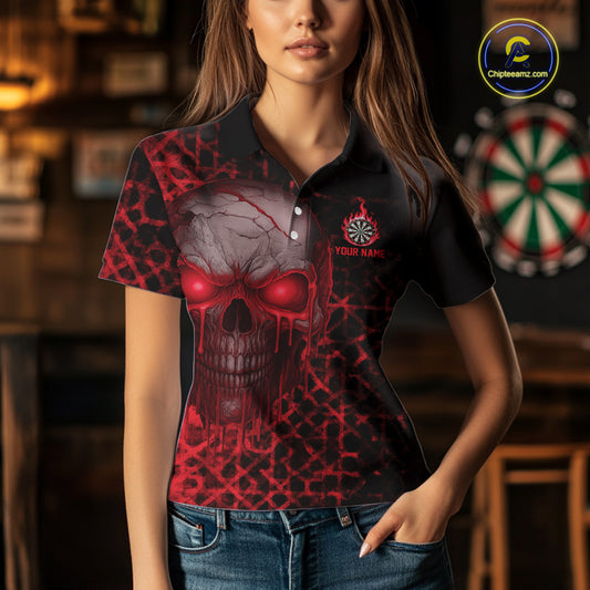 Custom Red Dripping Skull Darts Polo Shirt For Women Fire Flame Skull Dart League Jerseys NYN2175