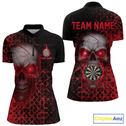 Custom Red Dripping Skull Darts Quarter-Zip Shirt For Women Fire Flame Skull Dart League Jerseys NYN2175