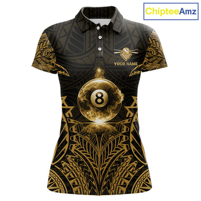 Gold Tribal Smoke 8 Ball Pool Women Polo & 1/4-Zip Shirt Personalized 3D Ball Billiard Gifts NYN2427