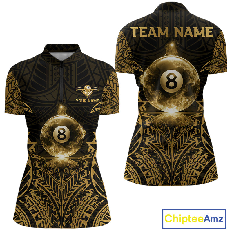 Gold Tribal Smoke 8 Ball Pool Women Polo & 1/4-Zip Shirt Personalized 3D Ball Billiard Gifts NYN2427