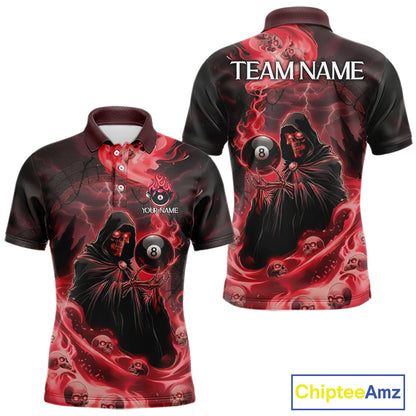 Grim Reaper Red Flames 8 Ball Pool Men Polo & 1/4-Zip Shirt Personalized Skull Billiard Gifts NYN2433