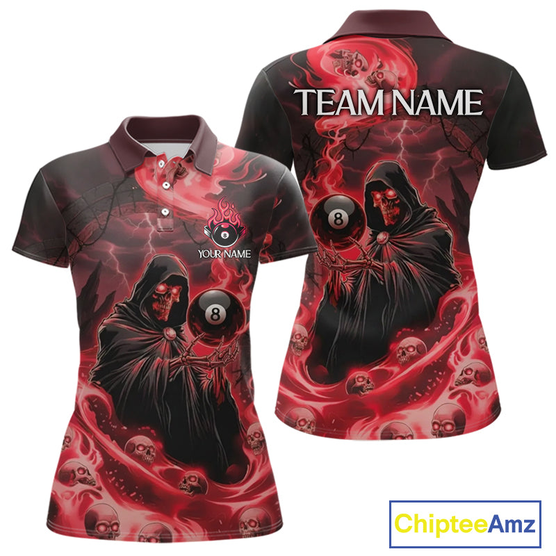 Grim Reaper Red Flames 8 Ball Pool Women Polo & 1/4-Zip Shirt Personalized Skull Billiard Gifts NYN2433